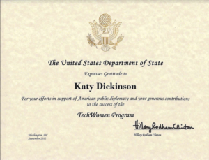 U.S. State Department TechWomen Certificate 2012, Katy Dickinson